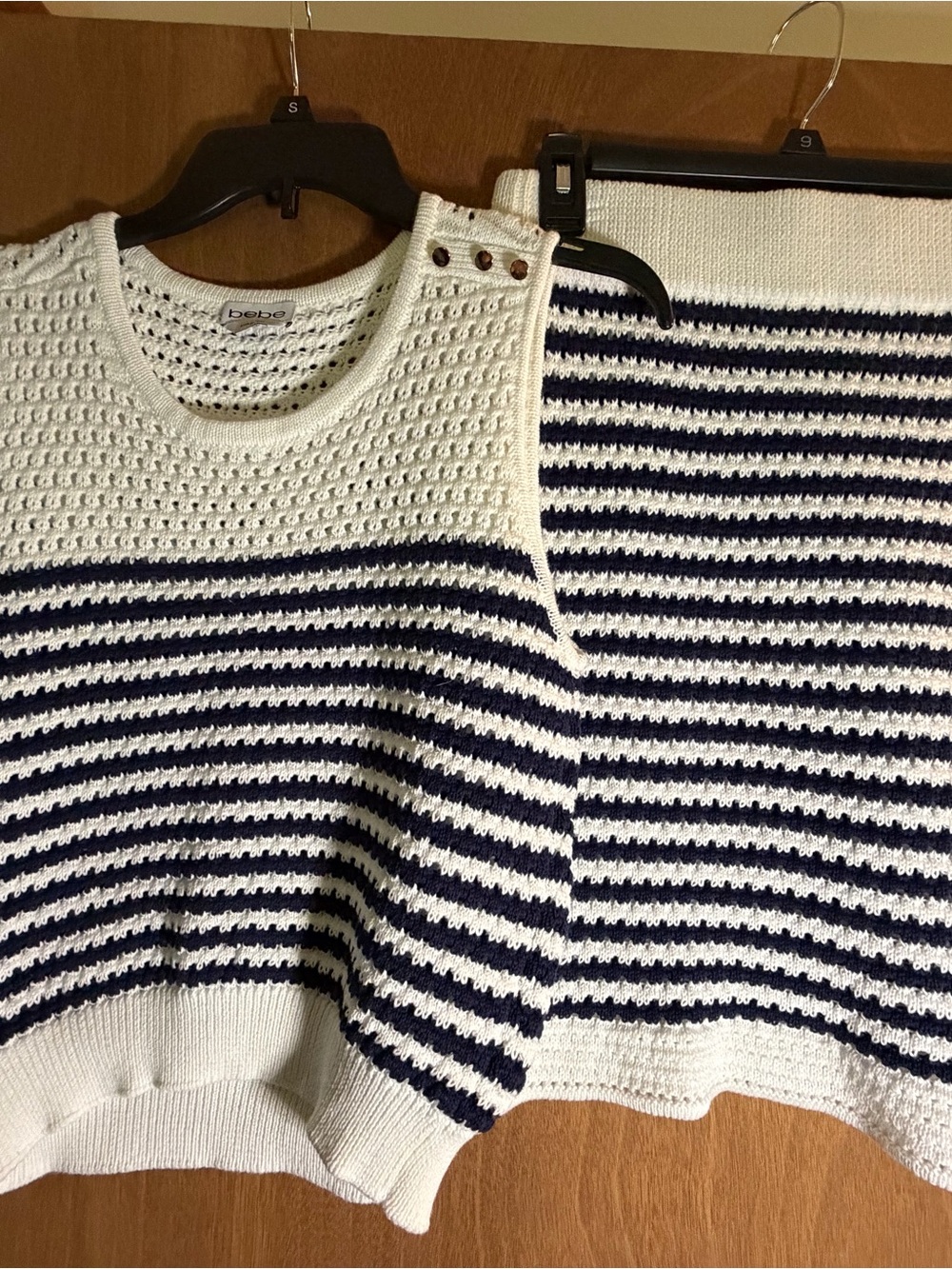 bebe Women's White and Navy Striped Knit Sweater Tank and skirt size large